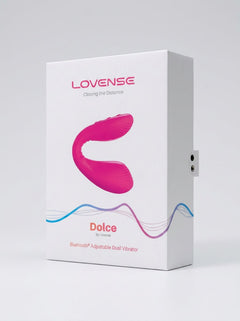 Lovense Dolce Remote App Control Dual-Ended Vibrator packaging displayed at an angle, highlighting the Bluetooth adjustable design of this app control vibrator