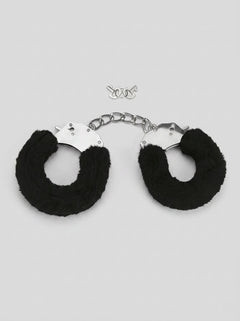 Me You Us Fluffy Quick Release Handcuffs - exquisite black fluffy cuffs with quick-release mechanism showcased with included keys for a lavish experience.