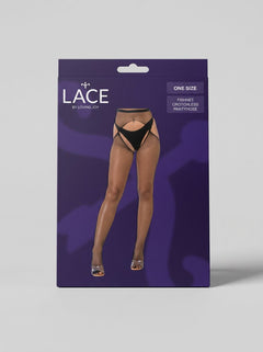 Detailed view of the crotchless design of Lace by LJ Fishnet Pantyhose, a perfect blend of daring and elegance in luxurious fishnet tights.