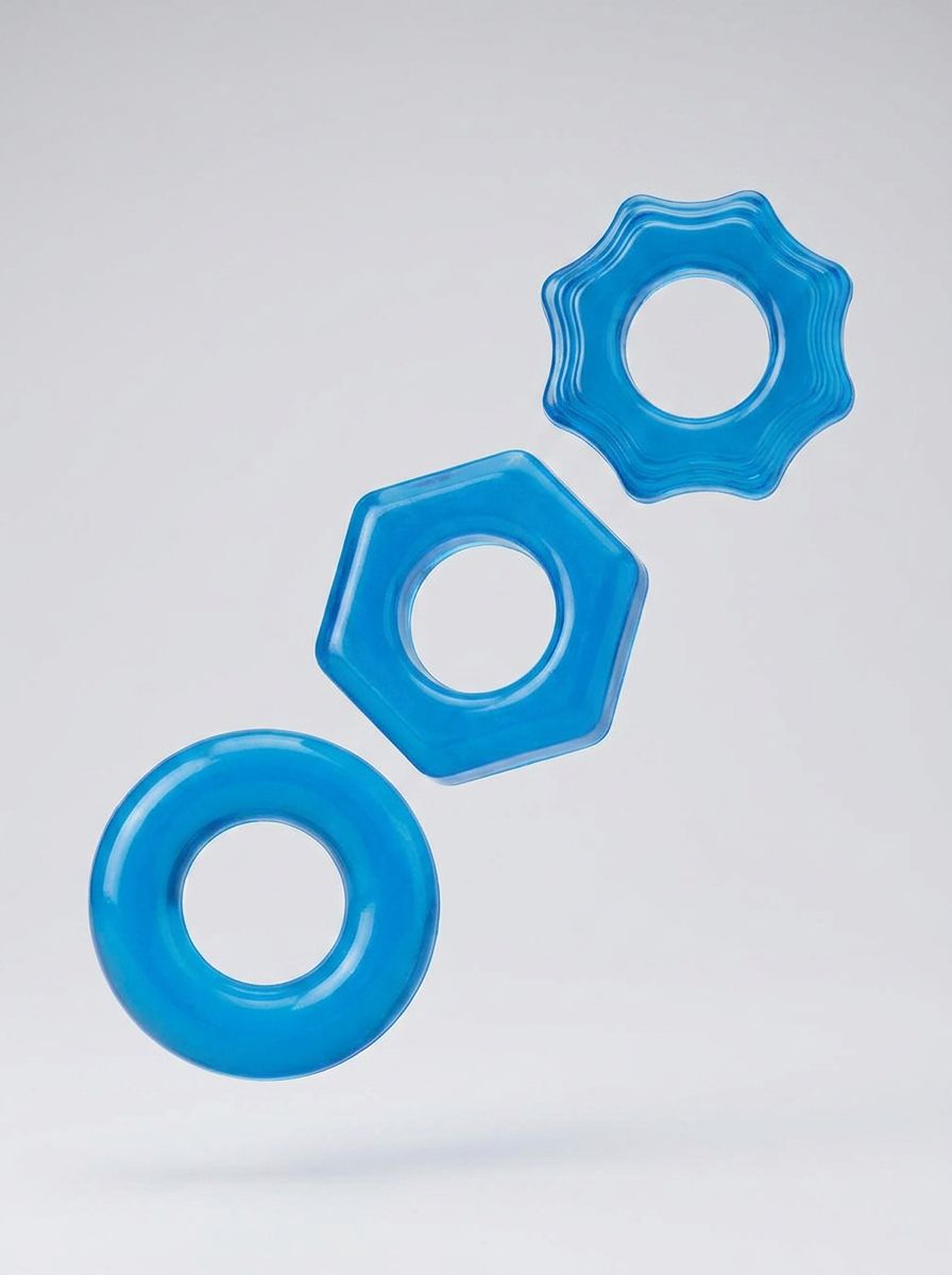 Blue Line 3-pack nuts and bolts stretch cock ring set, featuring adjustable rings for enhanced sensation and fit.
