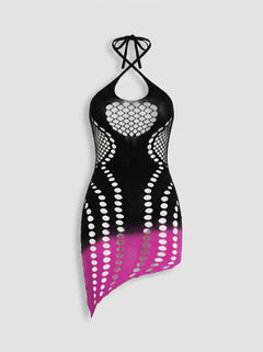 Sophisticated hanging display of the Fantasy Lingerie Ready or Not Black/Pink Ombre Asymmetrical Keyhole Halter Dress, illustrating its stunning ombre patterns and contemporary design.