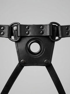 Close-up image of the Prowler RED Leather Dong Jock Strap Unisex Strap-On Harness, highlighting its high-quality leather craftsmanship for strap harness lovers.