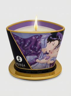 Shunga Sensual Soy Wax Erotic Massage Oil Candle 170ml purple massage candle burning for a luxurious sensual atmosphere
