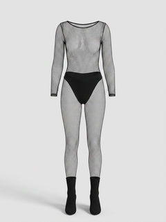 Lace by LJ Fishnet Crotchless Long Sleeve Bodystocking Black featured on model, showcasing its seductive allure and elegant design as a luxurious fishnet crotchless bodystocking.