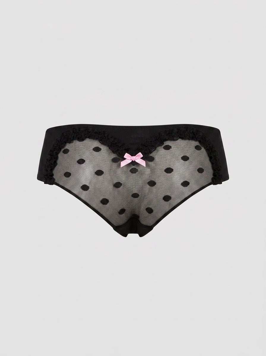 Black Rene Rofe Hot Dots crotchless boyshorts with bow detail, featuring a revealing design and comfortable fit.