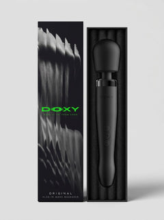 Doxy 2.0 Original Plug-In Massage Wand Vibrator presented in open luxury packaging with protective insert and black massage wand