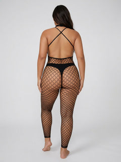 Lace by LJ Plus Size Footless Crochet Bodystocking, elegant one-piece black lingerie and versatile footless bodystocking for confident styling