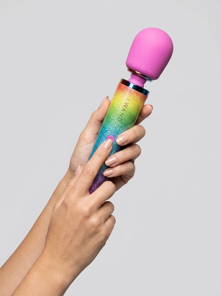 Le Wand Petite Vibrating Massager Wand in Rainbow Ombre design, showcasing luxury and vibrant colours.