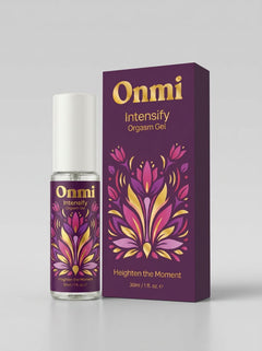Onmi Intensify Orgasm Liquid Vibrator Gel 30ml bottle and presentation box, luxury orgasm gel with purple floral packaging