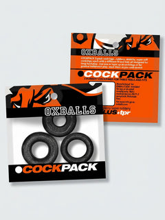 Elegant display of Oxballs Cockpack Multi Design Cock Ring Set, highlighting the soft, stretchy FLEXtpr™ material for ultimate comfort and pleasure.