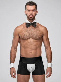 Model wearing the Male Power Butt-Ler Men's Sexy Butler Costume Set, illustrating the confident and flirty appeal of this sexy butler costume perfect for roleplay.