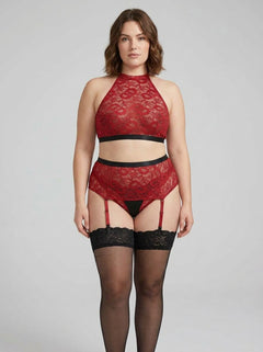 Elegant Aria Crotchless Red Lace Plus Size Suspender Set, showcasing luxurious design in a stunning setting, ideal for enhancing romantic evenings and intimate moments as the perfect suspender lingerie set.
