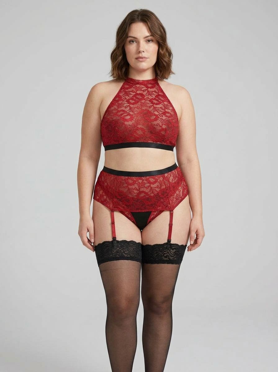 Elegant Aria Crotchless Red Lace Plus Size Suspender Set, showcasing luxurious design in a stunning setting, ideal for enhancing romantic evenings and intimate moments as the perfect suspender lingerie set.