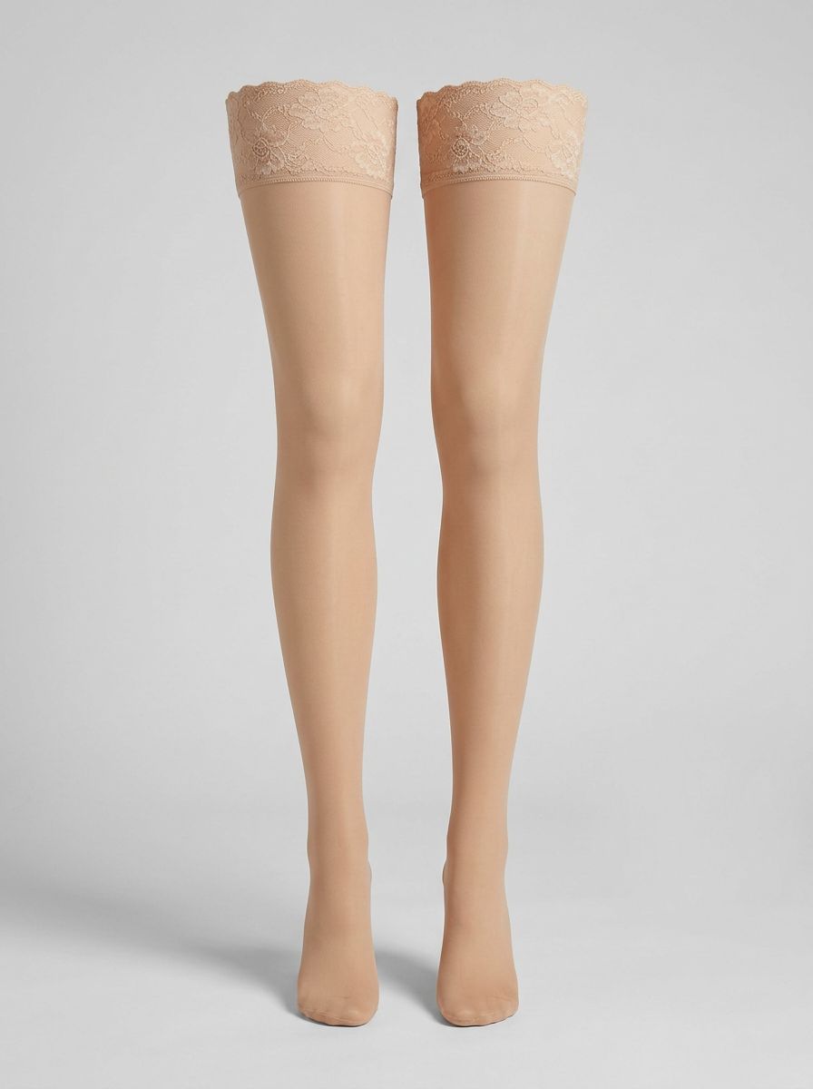 Luxury sheer thigh high stockings with lace top, available in Black, White, Red, and Nude, perfect for enhancing your lingerie collection.