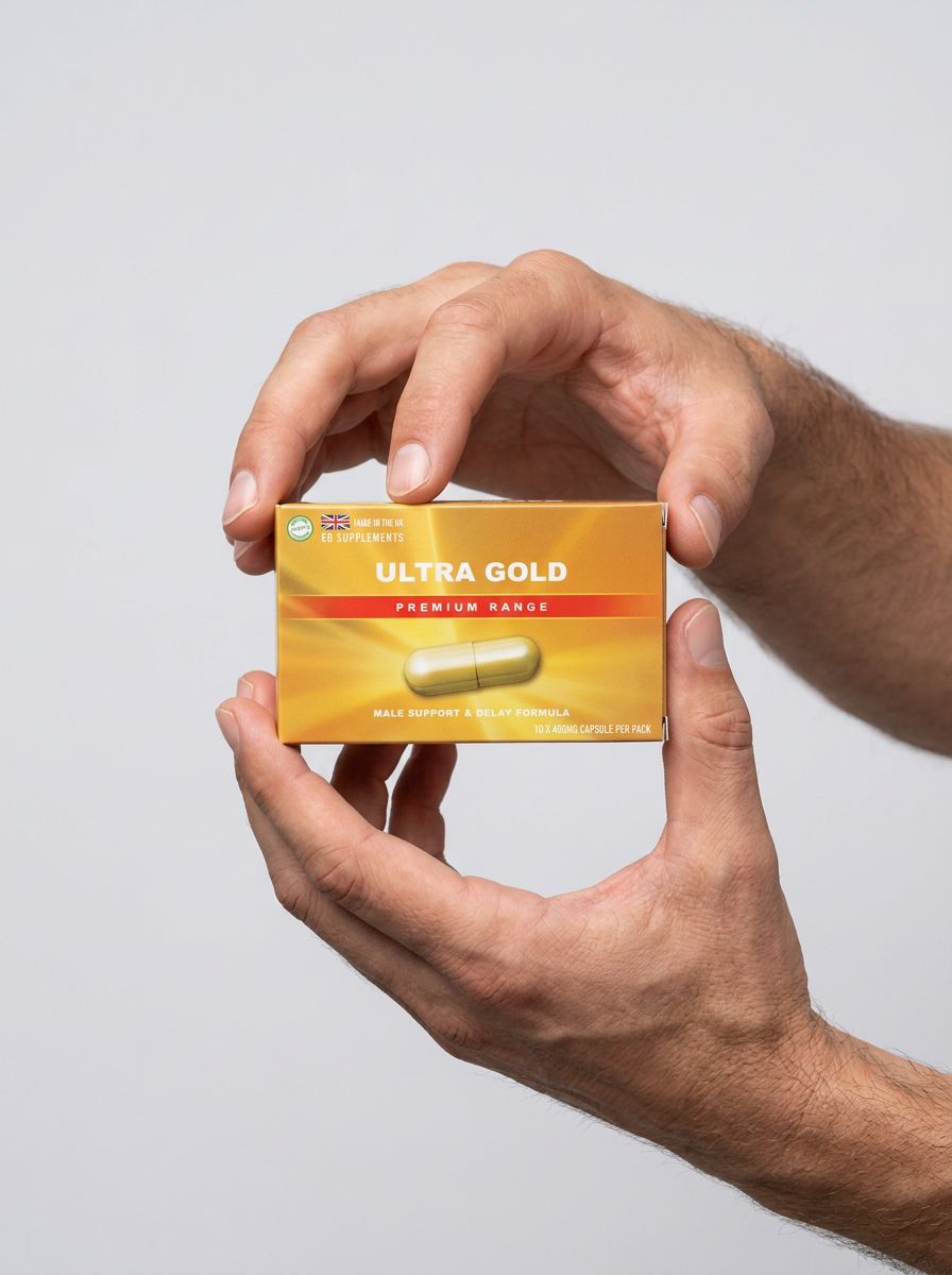 Ultra Gold Premium 400mg male health support herbal capsules by GB Supplements, featuring natural aphrodisiac and enhancer ingredients.