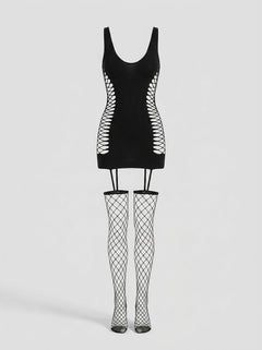 Glamorous Dreamgirl Fence Net Garter Dress with Attached Stockings, crafted for a striking appearance and confident allure.