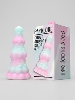 F**kLore Ghost Silicone Tiered Textured Fantasy Dildo displayed beside its luxury product packaging