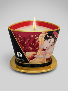 Shunga Sensual Soy Wax Erotic Massage Oil Candle 170ml red massage candle burning with Japanese-inspired artwork