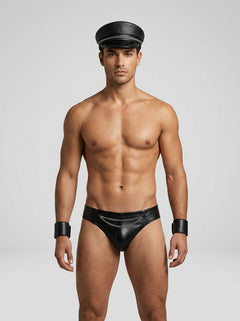 Men's biker 3-piece costume set by Scandals featuring a leather jacket, vest, and pants for a bold, rugged look.