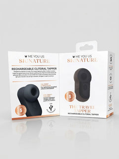 Me You Us Signature The Travel Tapper Pulsating Clitoral Suction Vibrator in black and purple, stylish clitoral suction vibrator colour options