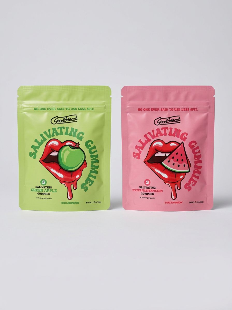 GoodHead Salivating Flavoured Oral Play Dry Mouth Gummies 3-Pack in Green Apple and Watermelon flavours, shown in premium pouches