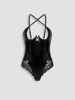 Close-up detail of the Rene Rofe Vinyl Vibes Strappy Open Cup Wet Look Lace Teddy, emphasising the luxurious wet look finish and curve-hugging fit.