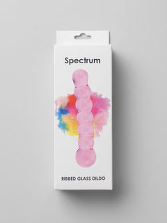 Luxurious Spectrum Ribbed Glass Dildo presented with accessories, showcasing its versatility and design for intimate pleasure.