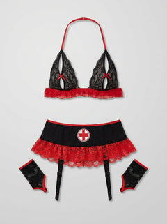 Baci Peek-a-Boo sexy nurse lingerie set featuring lace details and a revealing design, perfect for intimate costume wear.