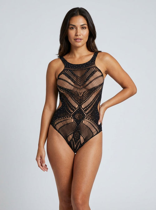 Baci Diamonte Sheer Shimmer Cut-Out Lingerie Bodysuit Black front view, featuring sheer shimmery fabric and geometric cut-out detailing