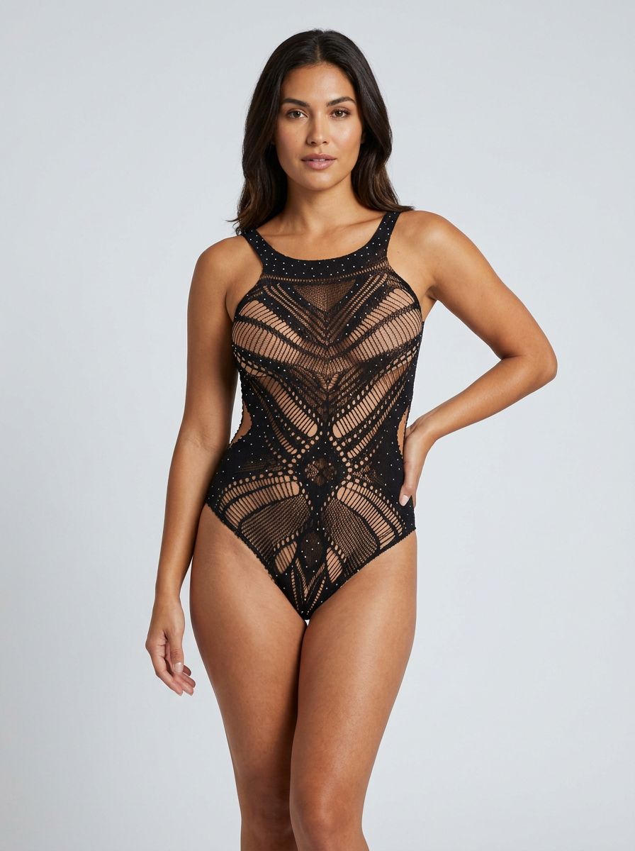 Baci Diamonte Sheer Shimmer Cut-Out Lingerie Bodysuit Black front view, featuring sheer shimmery fabric and geometric cut-out detailing