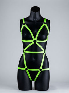 Stylish Full Body Covering Bondage Style Harness - Glow in the Dark, perfect for adding excitement to nighttime adventures.