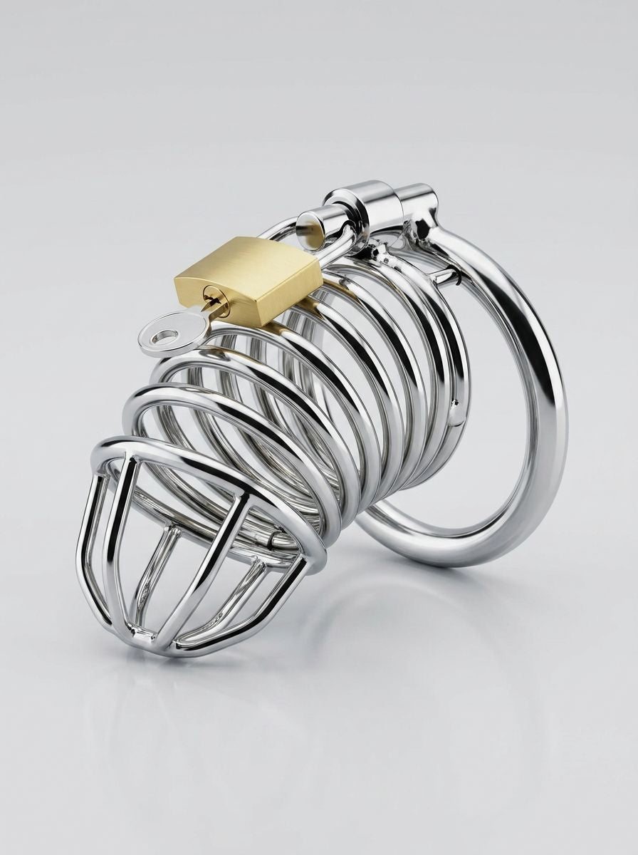 Impound metal chastity device with spiral design, three base rings, padlock, and keys, for male genital restraint and security.
