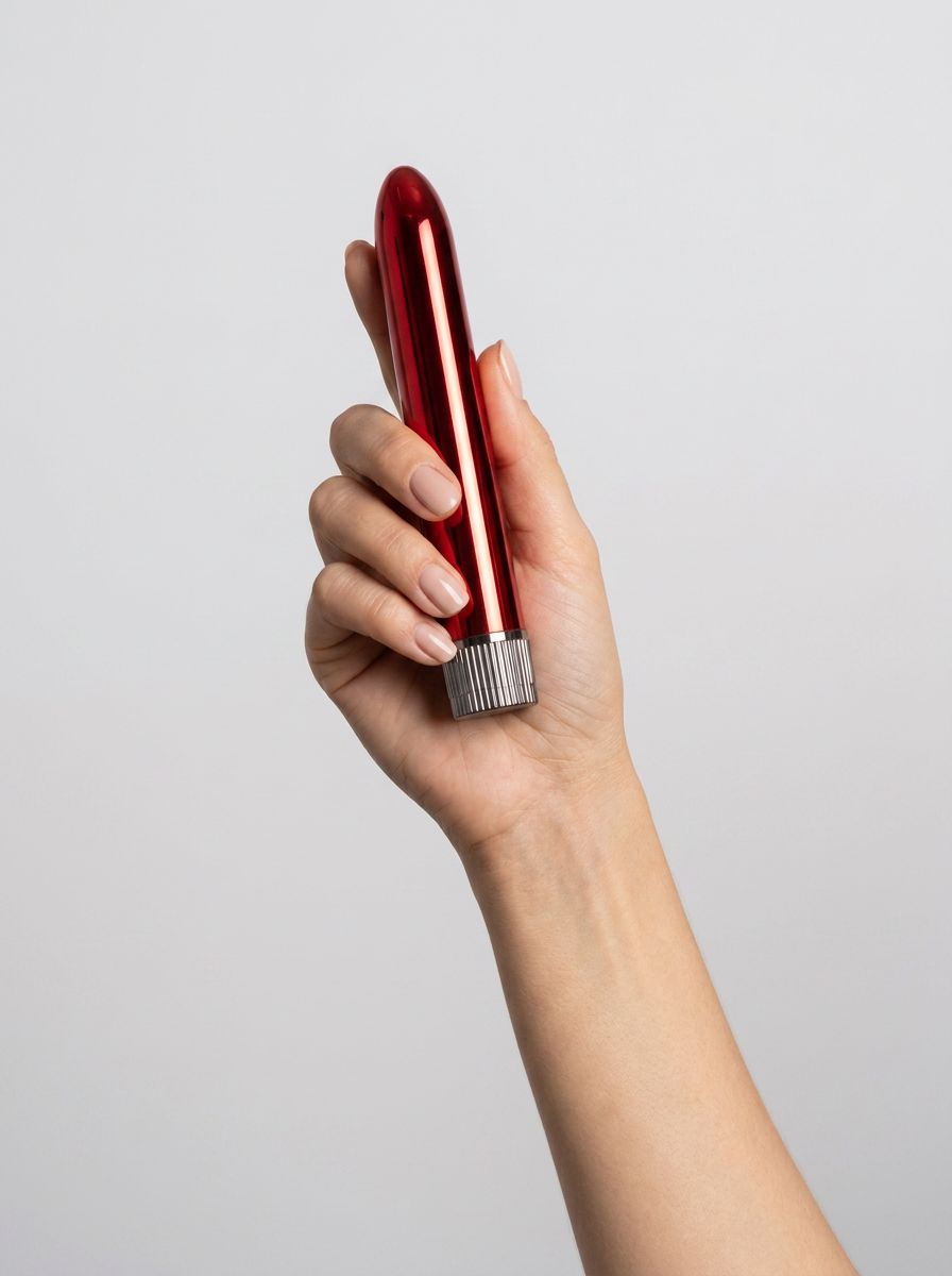 Smooth metallic large 6.5-inch metallic bullet vibrator by Scandals, with a sleek silver finish and compact design.