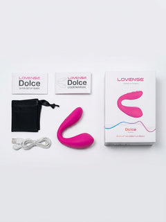 Lovense Dolce Remote App Control Dual-Ended Vibrator with storage pouch, USB magnetic charging cable, manuals and packaging, luxury app control vibrator set