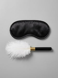 Chic Mask and Feather Tickler play kit from Bound to Play, emphasising the luxurious eye mask and soft feather tickler for enhanced arousal.