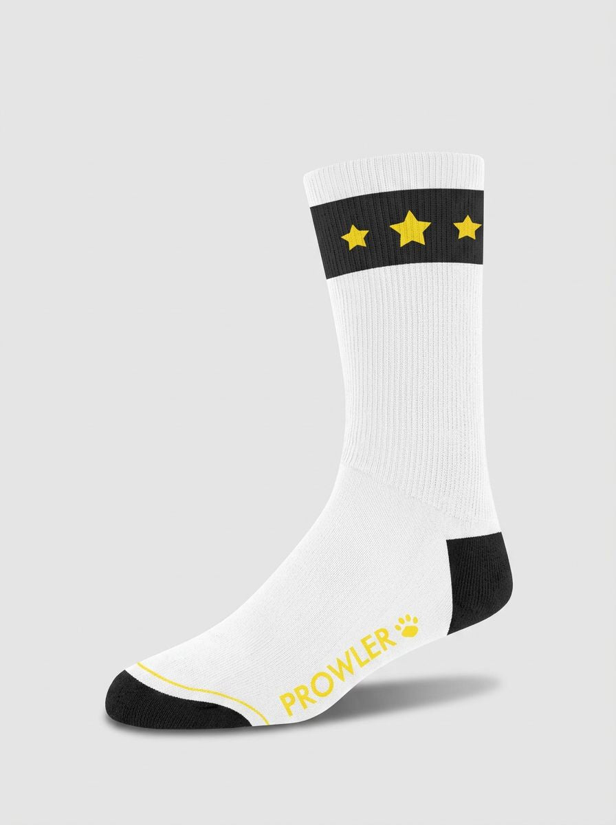 Prowler Gold Star Cotton Crew Socks showcasing the playful LGBTQ+ inspired design and comfortable crew length