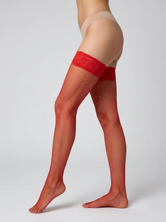 Gorgeous Lace by LJ Fishnet Thigh High Stockings with Rhinestones, the ultimate in luxury hosiery that sparkles and shines at every angle.