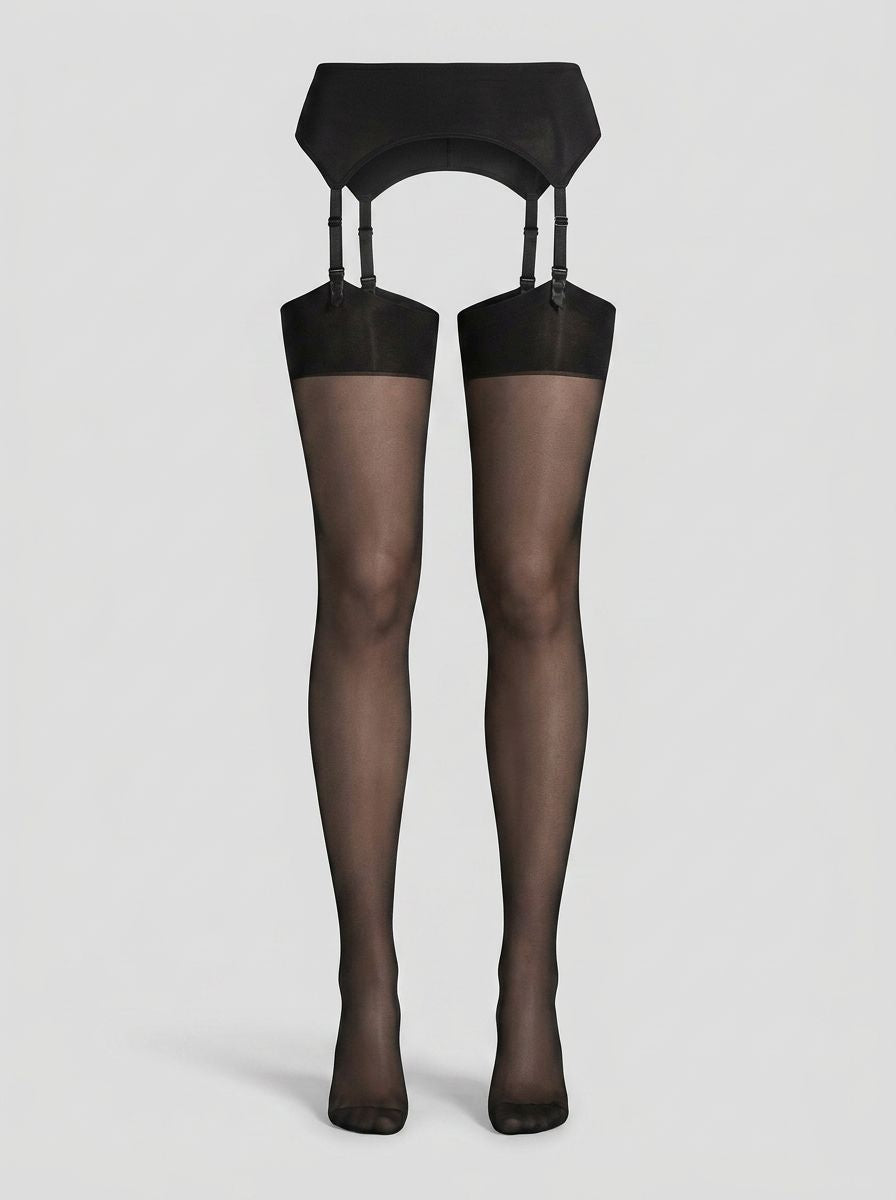 Goldenlegs 10 Denier sheer thigh-high stockings in a two-pair pack, featuring a smooth, transparent finish for elegant legwear.