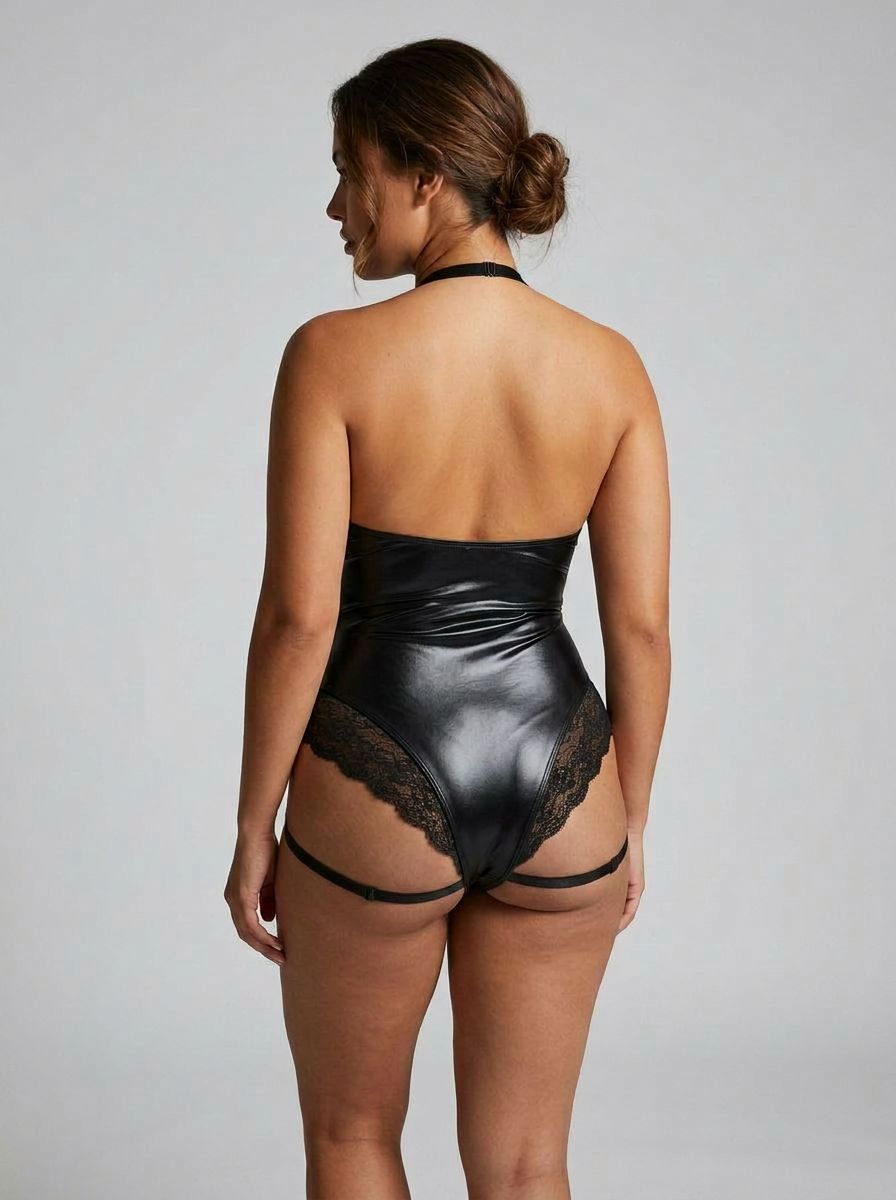Rene Rofe Vinyl Vibes strappy open cup wet look lace halter teddy, featuring a sleek, revealing design with lace details and adjustable straps.