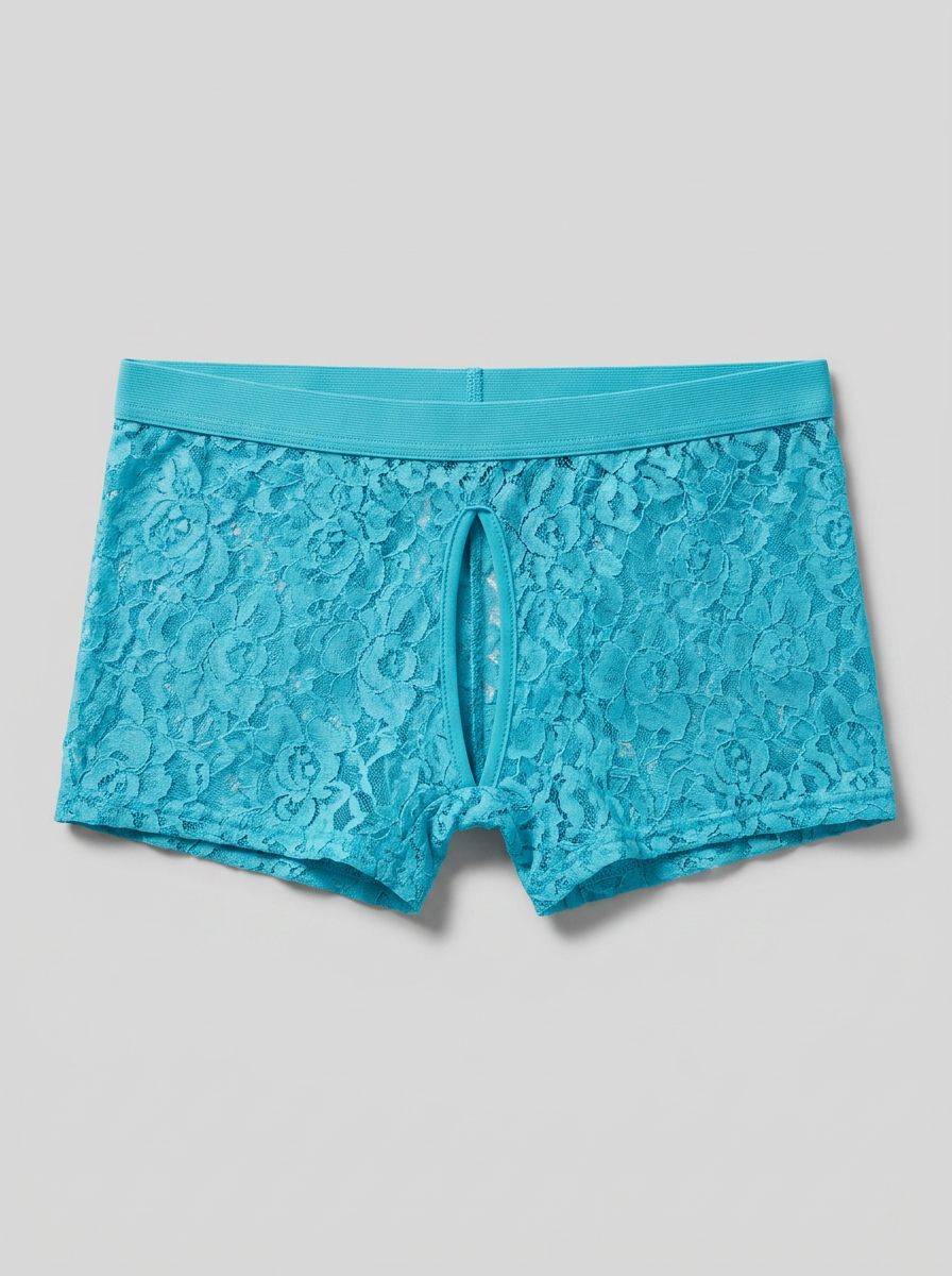 Male Power Double Pleasure open front lace boxer briefs in white, turquoise, or pink, featuring a stylish and revealing design.