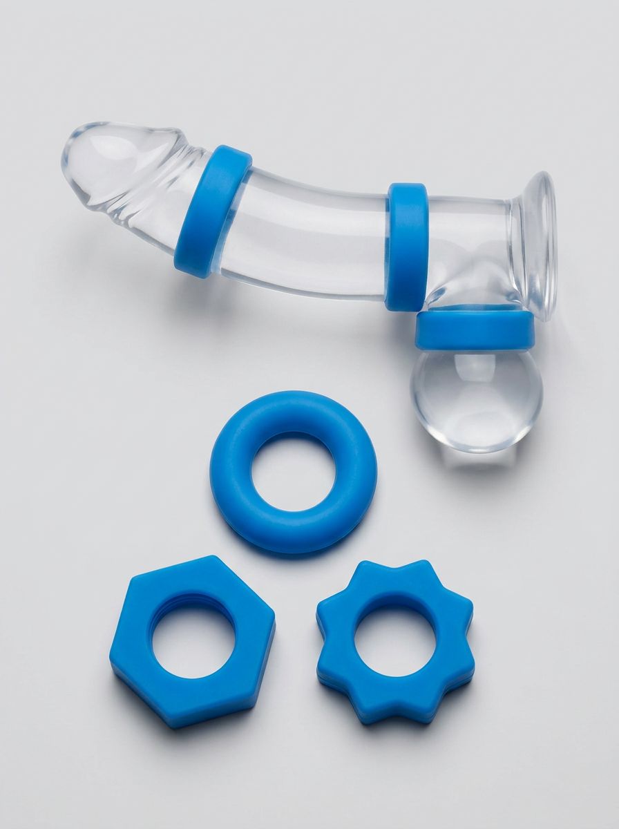 Blue Line 3-pack nuts and bolts stretch cock ring set, featuring adjustable cock rings and straps for enhanced pleasure.
