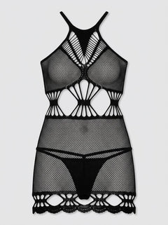 Baci Diamonte Net Sheer Cut-Out Bodycon Mini Dress Black, close-up of the strappy neckline and diamond cut-out mini dress detail