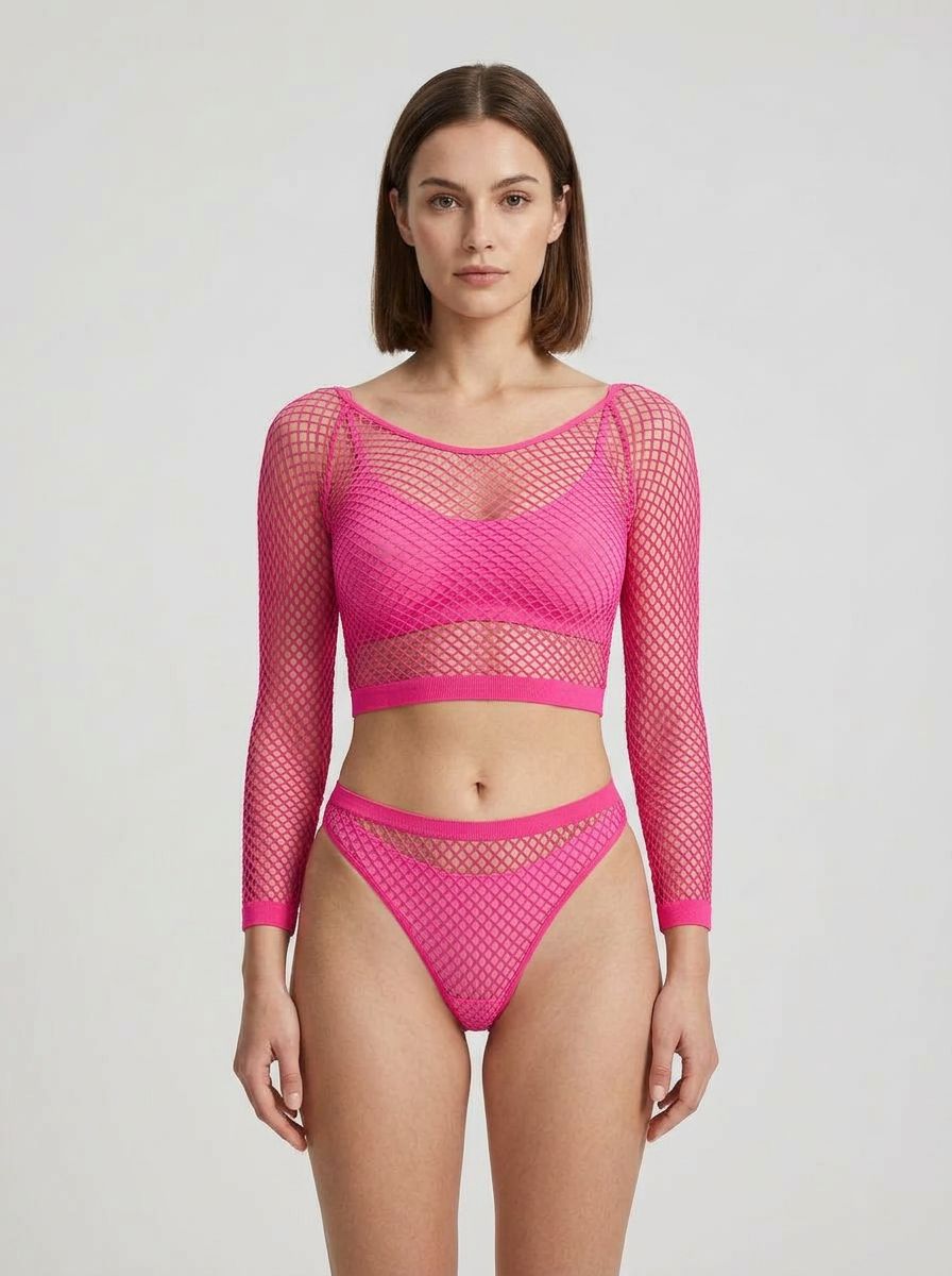Loving Joy Lace by LJ fishnet crop top and bottoms lingerie set with intricate lace details and fishnet fabric.