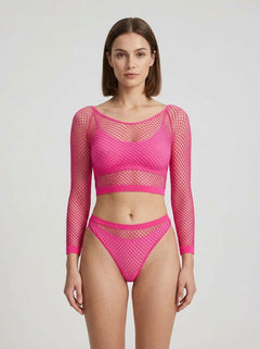 Elegant Lace by LJ Fence Net Crop Top and Bottoms Fishnet Set displayed on a mannequin, illustrating the flattering fit and daring design of this stylish fence net set.