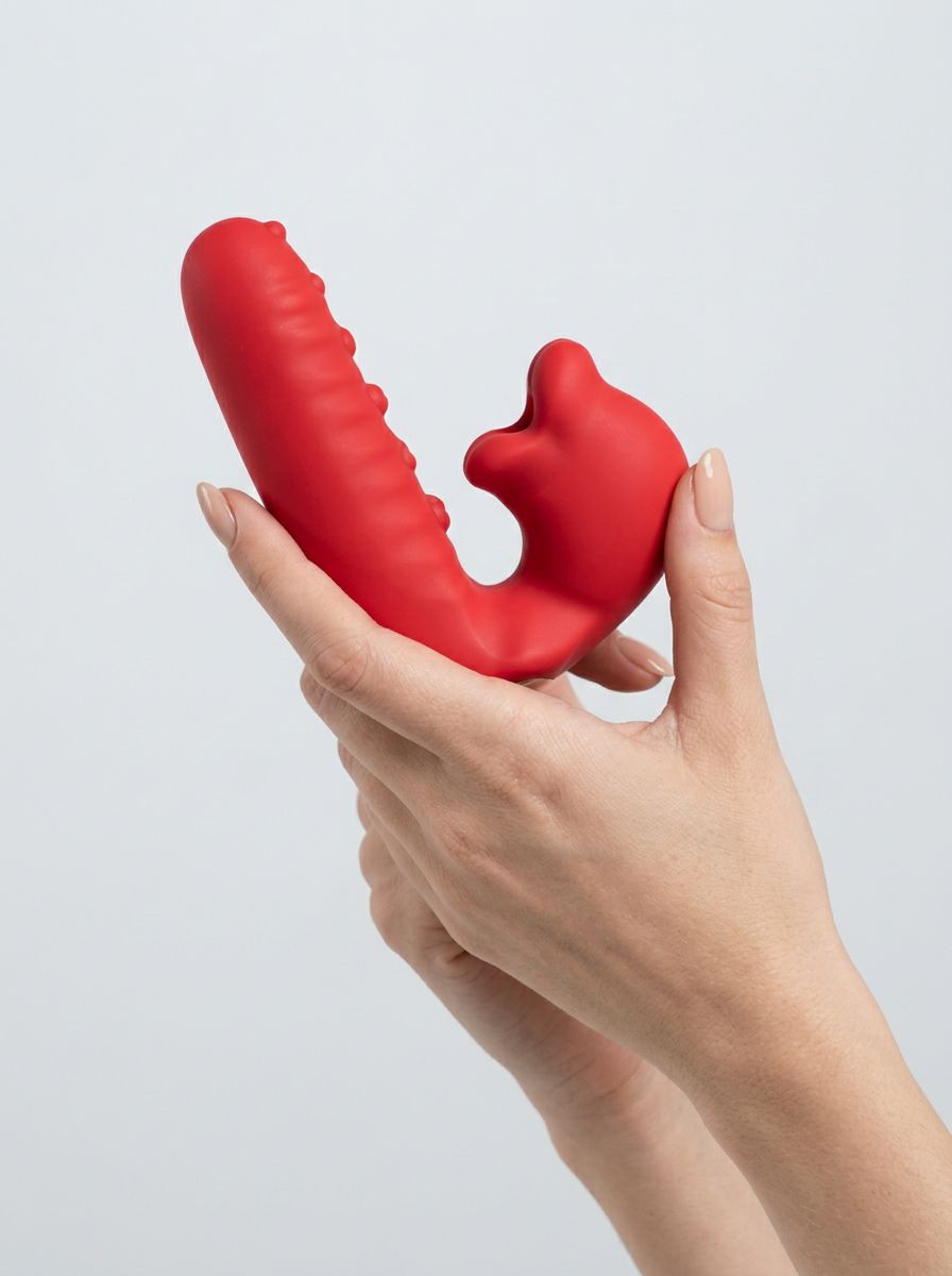 Dual Motor Rose Tongue Finger Vibrator Sleeve in red silicone, held in hand to showcase its flexible shape and textured surface; rose tongue finger vibrator design.