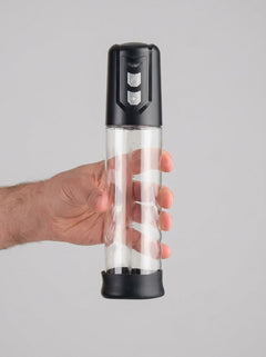 Me You Us Automatic Suction Penis Pump with One-Touch Controls & Measurement Gauge, automatic suction penis pump shown in clear premium design