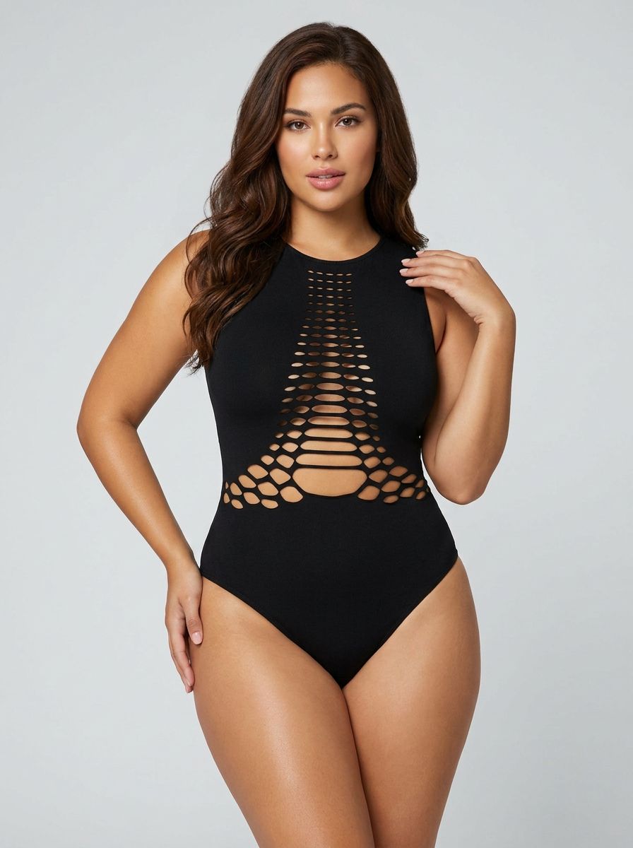 Pink Lipstick seamless halter cut-out bodysuit for women, featuring exotic dancewear style and figure-hugging fit.