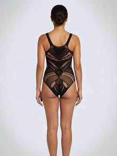 Baci Jacquard Sheer Mesh Cut-Out Bodysuit Black, elegant body-hugging bodysuit showcasing patterned cut-out detail and sculpted hourglass shape