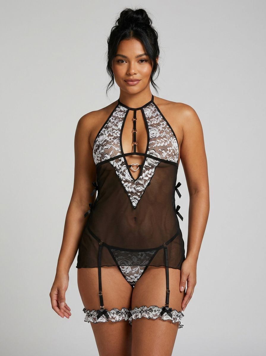 Model displaying the G-World Black Pearl 3Pc Halter O-Ring Babydoll & Panty Garter Set, showcasing its alluring sheer mesh and lace design, paired elegantly with a garter thong.