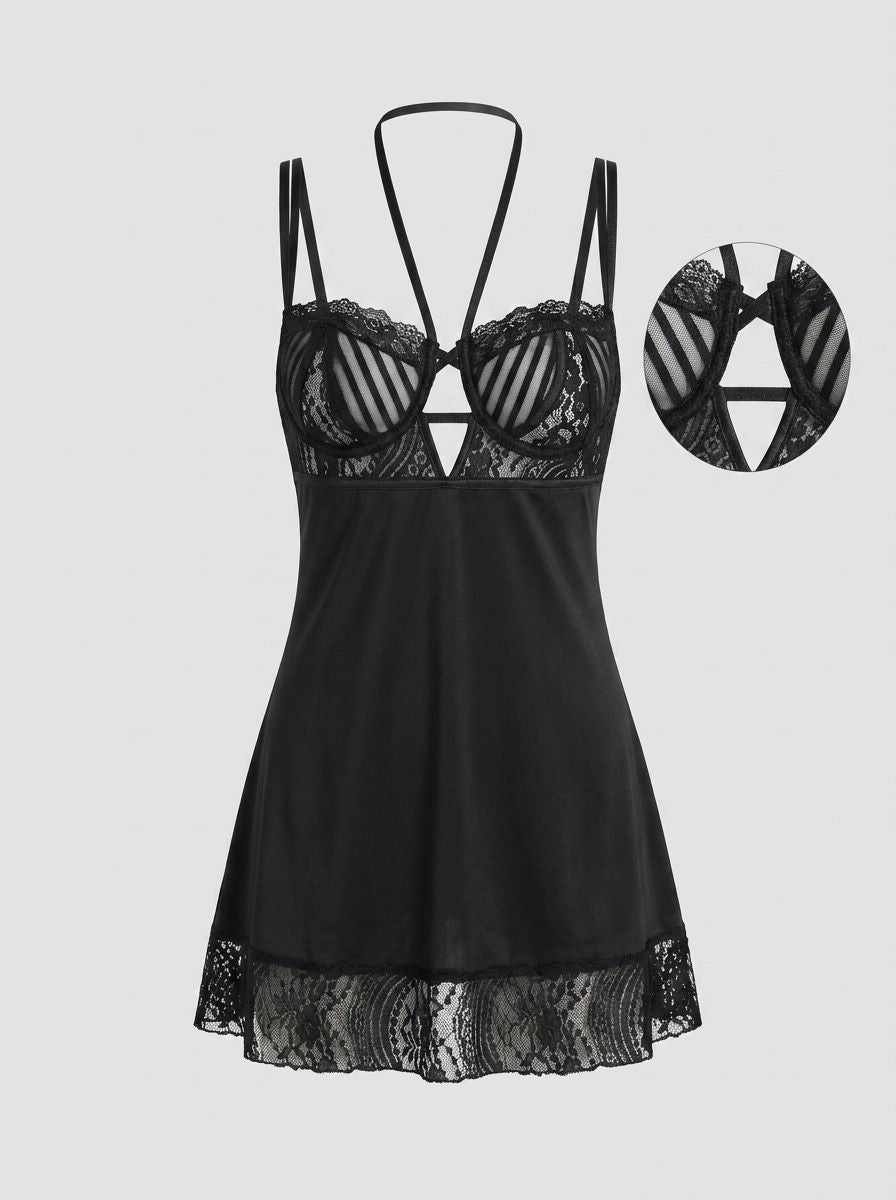 Luxurious black multi strap microfiber, lace and mesh babydoll from Scandals, featuring removable bead halter tie, overlay underwire cups, and a g-string.